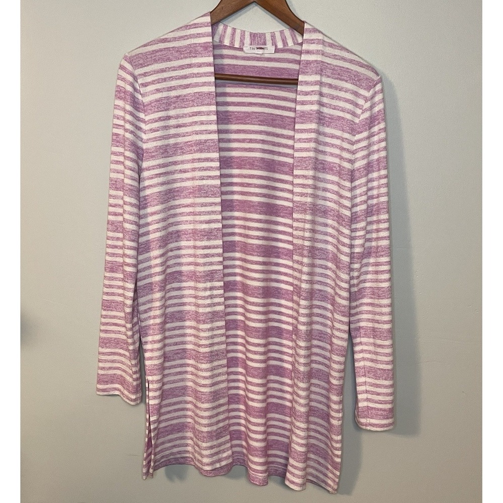 T By Talbots Womens XS Pink Striped Open Cardigan Slits